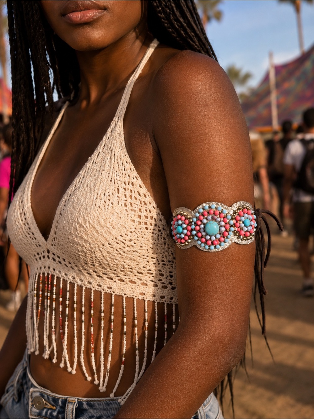 🎈HP🎉🥳 Metallic Cream Beaded Leather Festival Armband Convertible Choker
